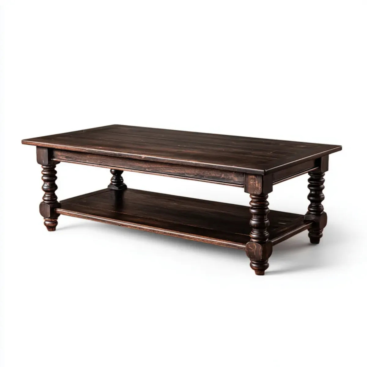 Stolik kawowy, Ciemnobrązowy prostokątny stolik do kawy 120 x 60 x 45 cm w litym drewnie z hewei z półką