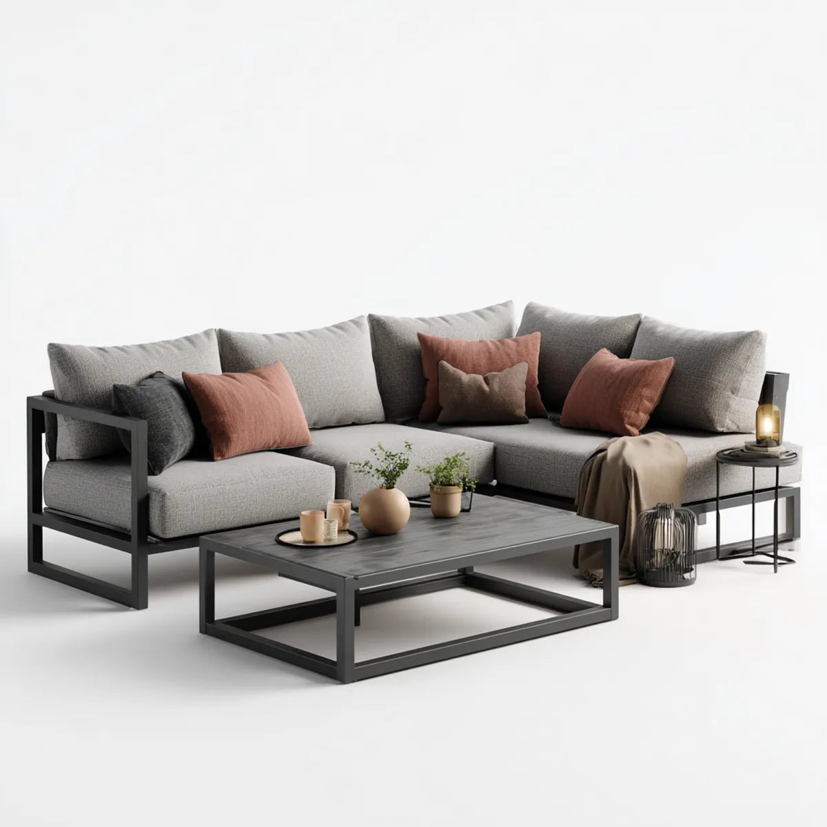Sofa ogrodowa, Taras salon zestaw narożna sofa z szarym stolikiem 250 x 200 x 75 cm aluminium poliester stół kształt L- 120 x 70 x 42 cm
