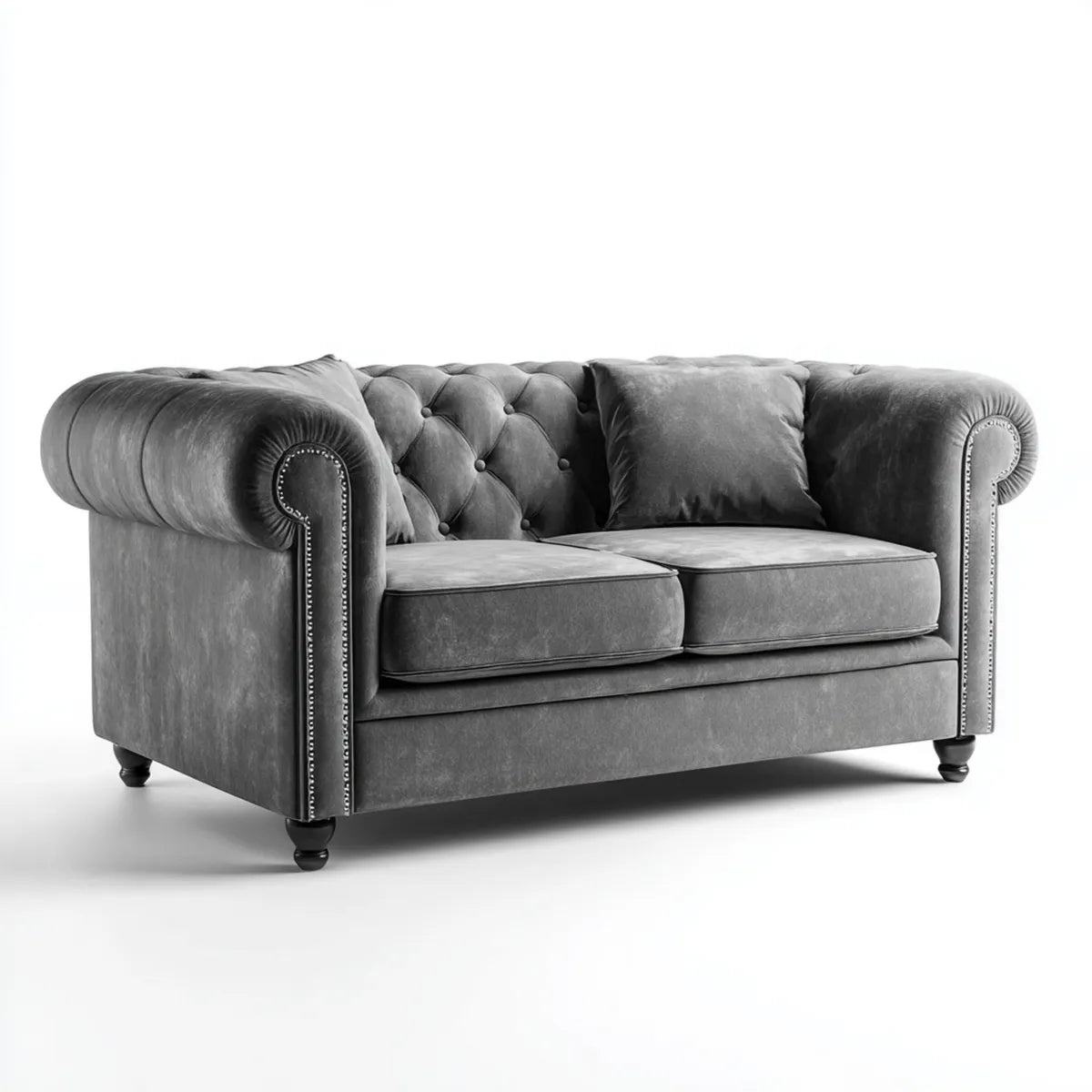 Sofa, Chesterfield 2 fotela szary antracyt 170 x 90 x 75 cm prostokątna poliester aksamit