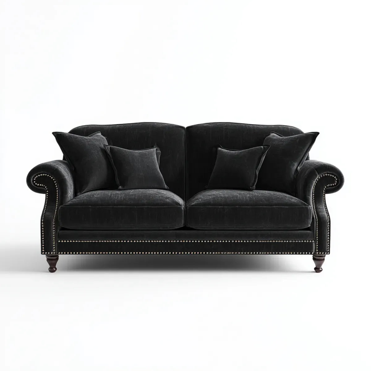 Sofa, 2 fotela czarna sofa w poliestrowym aksamicie 170 x 90 x 85 cm z zwiniętymi podłokietnikami