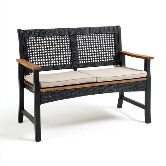 Ławka ogrodowa, 2-osobowa ławka ogrodowa czarny 116 x 60 x 87 cm stal PE rattan acacia drewniany prostokąt