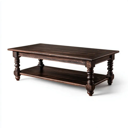 Stolik kawowy, Ciemnobrązowy prostokątny stolik do kawy 120 x 60 x 45 cm w litym drewnie z hewei z półką