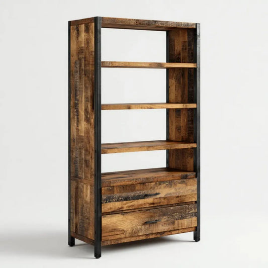 Regał, Biblioteka przemysłowa w drewnie i czarnej stali z 2 szufladami, 90 x 40 x 180 cm