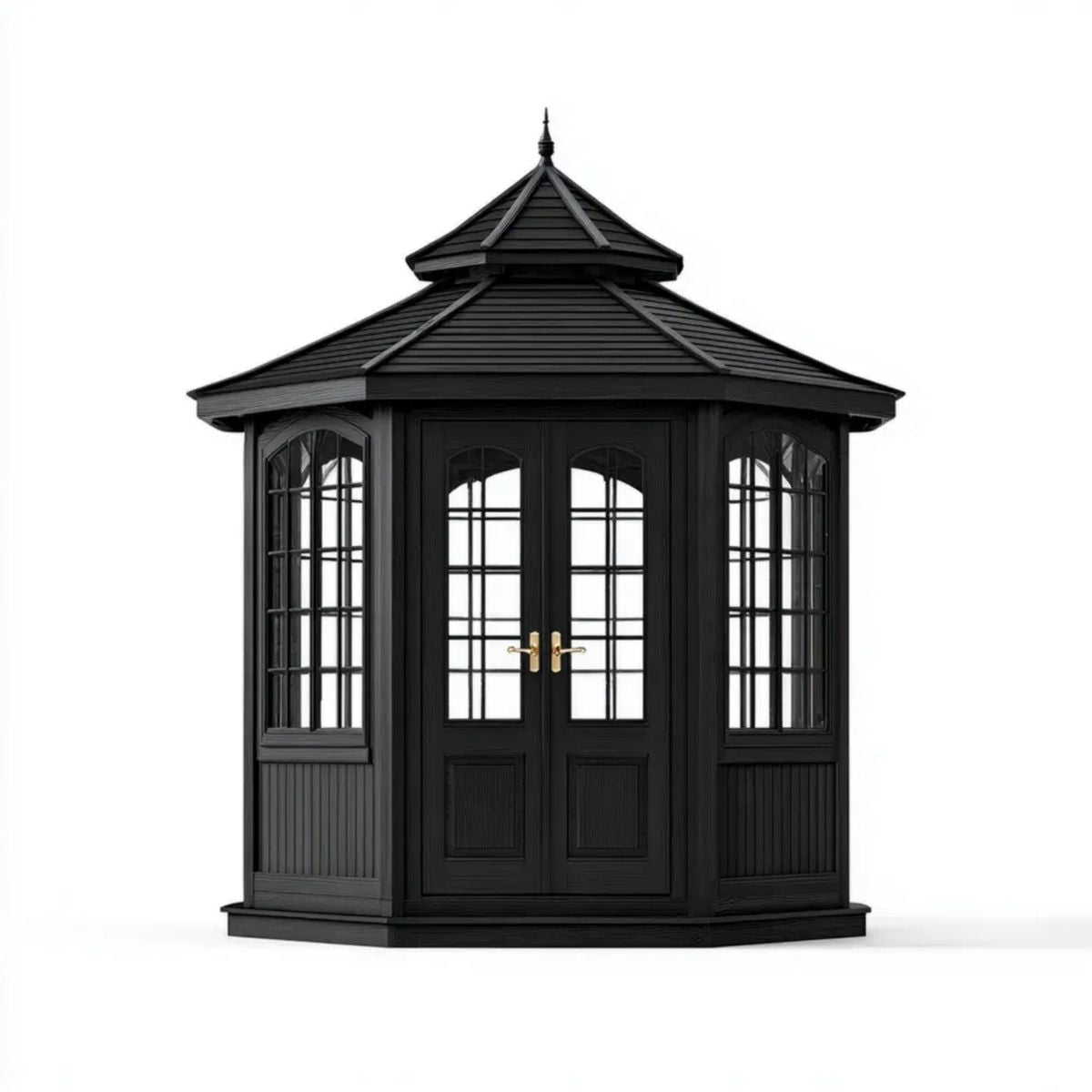Altana lub pergola, Czarny drewniany ogród drewniany z drewnianymi drzwiami z szkła, 300 x 300 x 380 cm