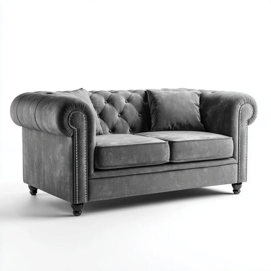 Sofa, Chesterfield 2 fotela szary antracyt 170 x 90 x 75 cm prostokątna poliester aksamit