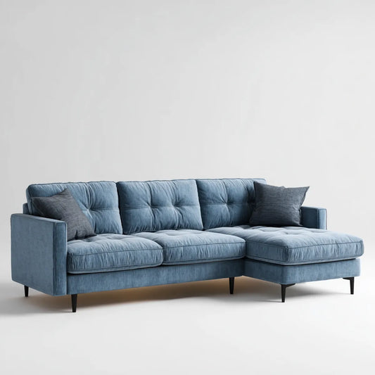 Sofa, 3 fotela niebieska narożna sofa 250 x 160 x 85 cm poliester aksamit, jak z prawej szezlong
