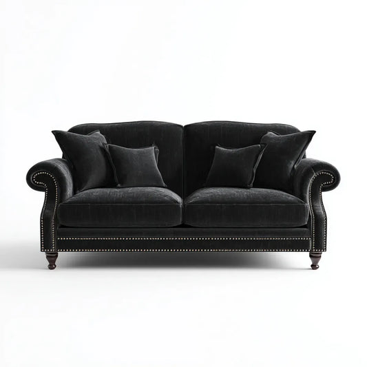 Sofa, 2 fotela czarna sofa w poliestrowym aksamicie 170 x 90 x 85 cm z zwiniętymi podłokietnikami