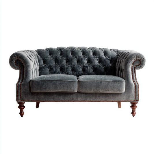 Sofa, Chesterfield 2 fotela szara antracyt 170 x 90 x 75 cm w prostokątnym poliestrowym aksamicie