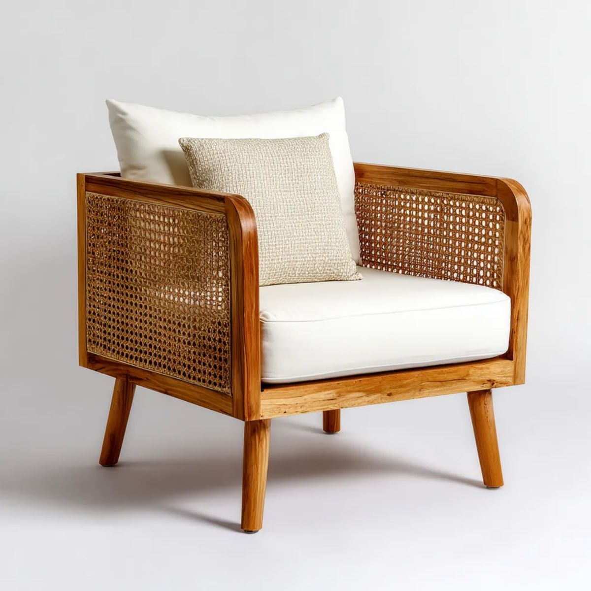 Fotel, Naturalne i białe wnętrze salon w Belilide Drewno i tkanina rattan, 76 x 75 x 78 cm
