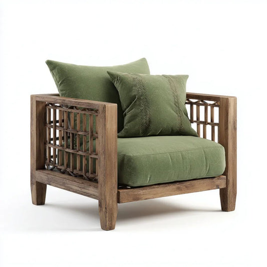 Fotel, 1-fotel w litego drewna i oliwki oliwkowej brukselski velvet, 85 x 75 x 75 cm