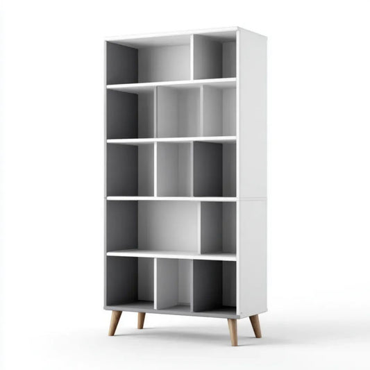 Regał, Biała biblioteka o wysokim wzroście w 80 x 30 x 180 cm płyta z 13 przegródkami i nóżkami w litej pigmecie