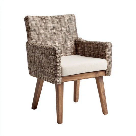 Fotel, Living- room fotel w rattan z beżowy poduszka i lite drewniane nogi, 60 x 65 x 86 cm