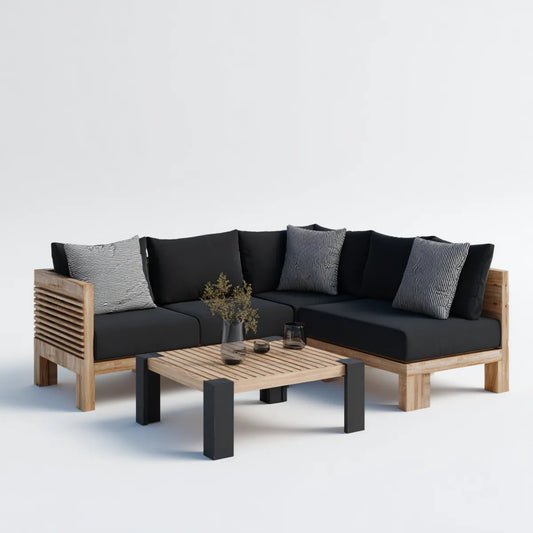Sofa ogrodowa, Ogród salon zestaw narożna kanapa z stolik czarny naturalna 230 x 170 cm acacia drewno prostokątne