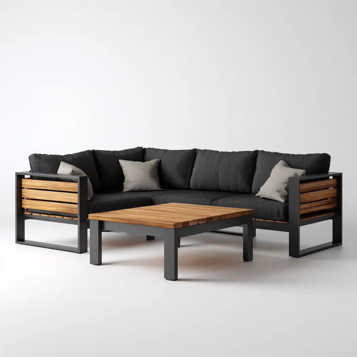 Sofa ogrodowa, Taras loungeset 3-częściowy z narożną sofą w kształcie litery L i stolikiem do kawy czarny brązowy ciemnoszary aluminium acacia drewno 250 x 190 cm