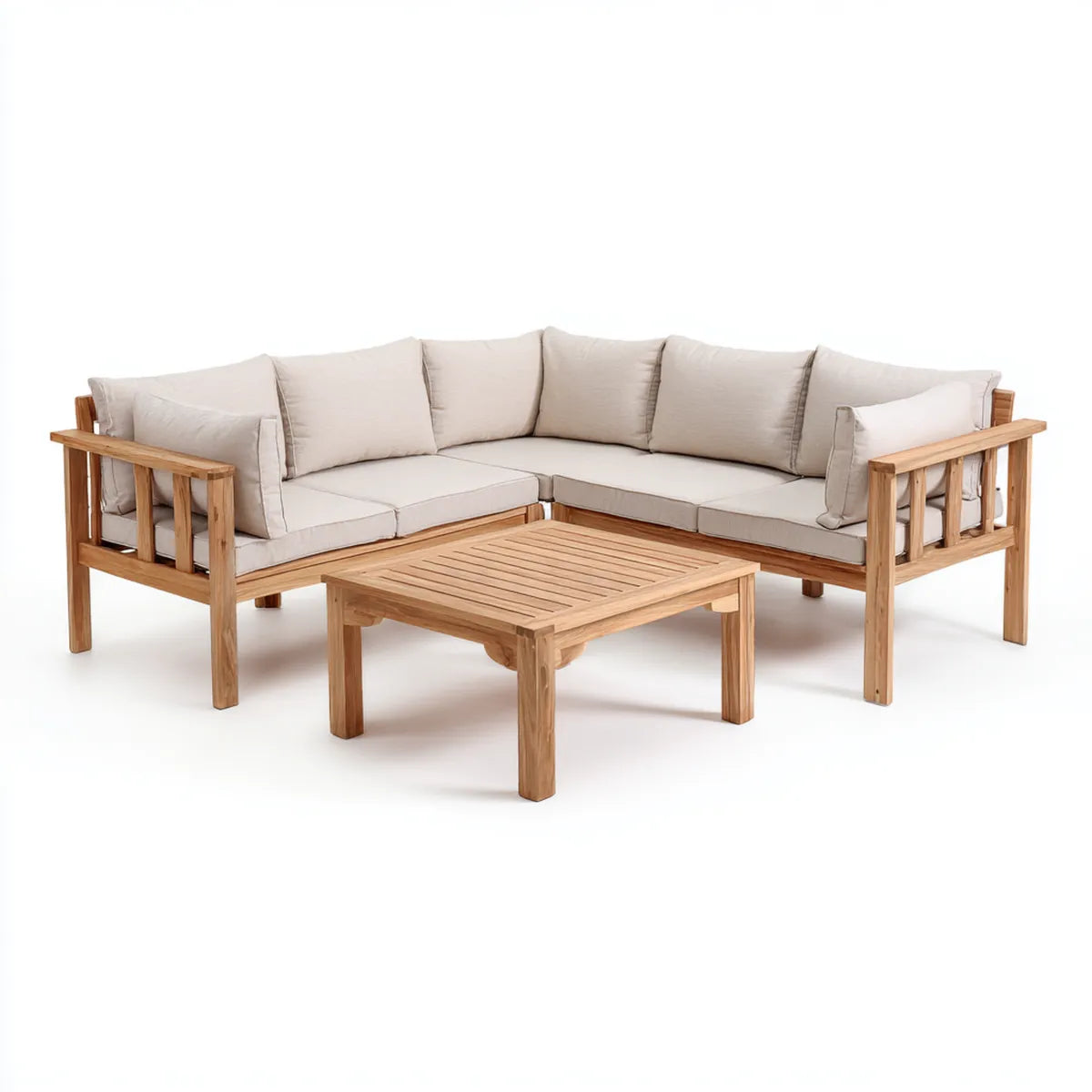 Sofa ogrodowa, Taras salon zestaw narożna kanapa z stolik kawowy naturalny beż z litego drewna acacia 206 x 206 cm