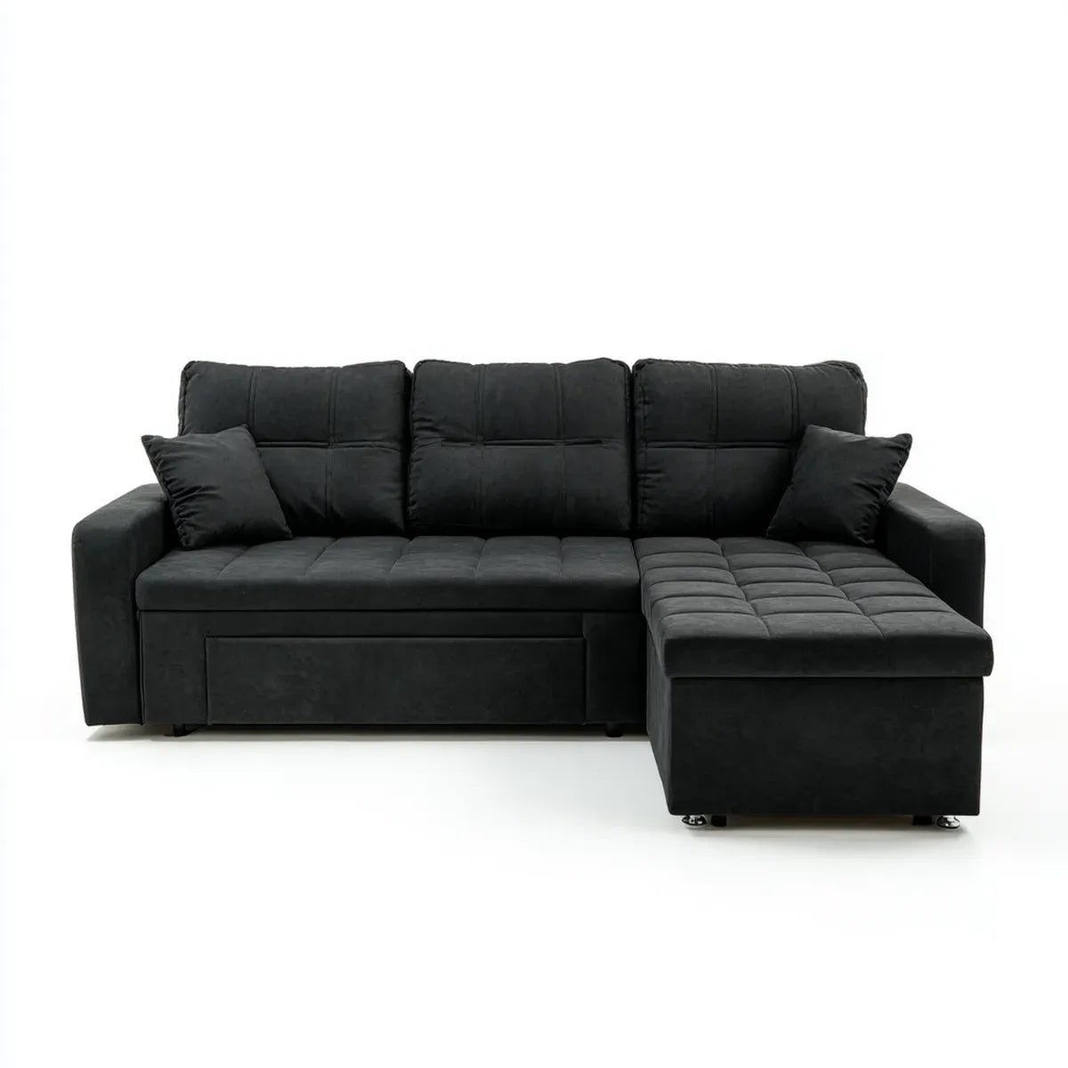 Sofa, Czarna 3 fotel rozkładana narożna sofa w poliestrowym aksamicie 230 x 145 x 85 cm z prawej strony szezlong