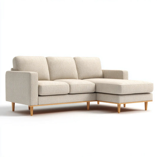 Sofa, 3 fotela z beżowym poliestrem z szezlongiem 230 x 150 x 85 cm
