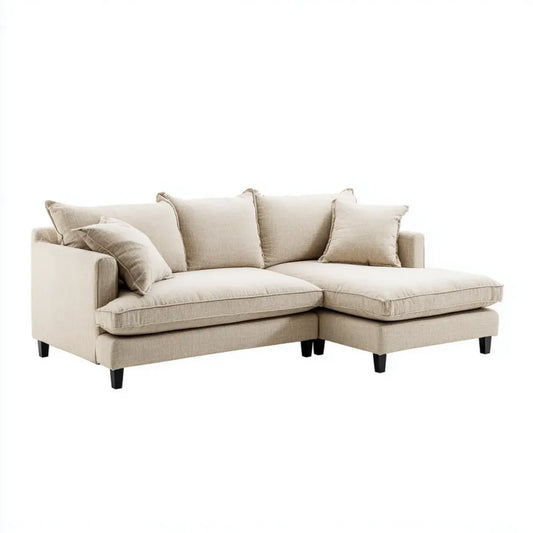 Sofa, 4 fotela z beżowym poliestrem z szezlongiem 230 x 150 x 85 cm