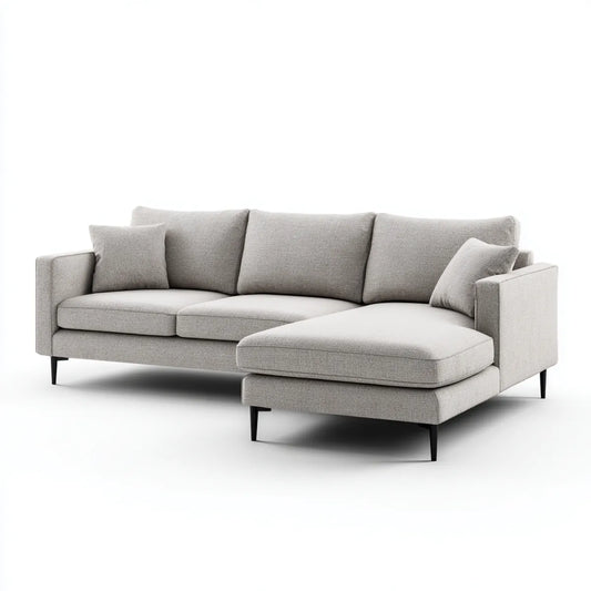Sofa, 3 fotela z szezlongiem prostym jasnoszarym poliestrem 260 x 160 x 85 cm