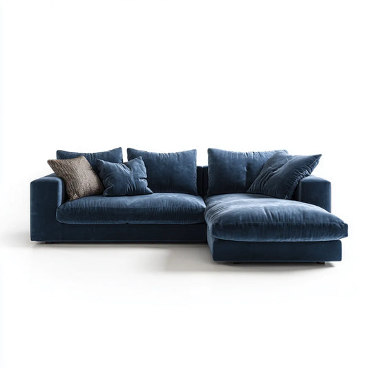 Sofa, 3 fotela z szezlongiem prosto niebieski noc poliester aksamit 260 x 160 x 85 cm