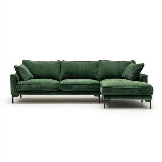 Sofa, 4 kwadratowa ciemnozielona sofa w poliestrowym aksamicie z żebrem 280 x 165 x 85 cm