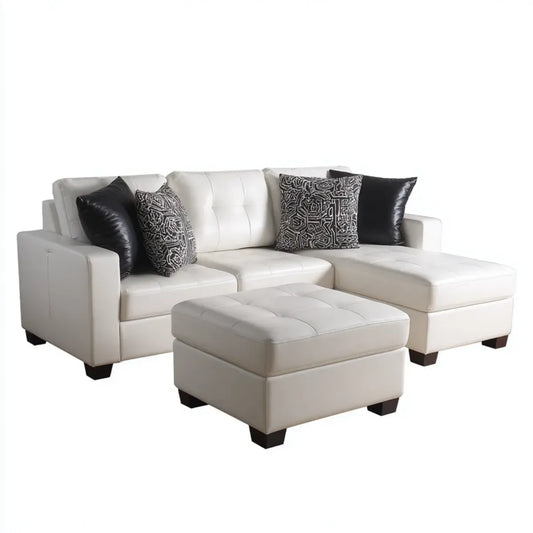 Sofa, Odwracalna sofa z szezlongiem i białym ottomanem ze skóry syntetycznej PU 230 x 150 x 88 cm